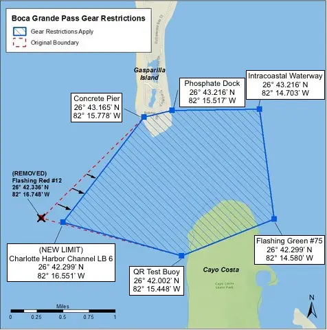 Tarpon map showing gear restrictions for tarpon fishing in Florida.