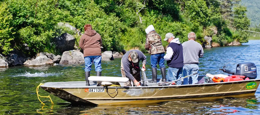 Salmon fishing from boat in Alaska.