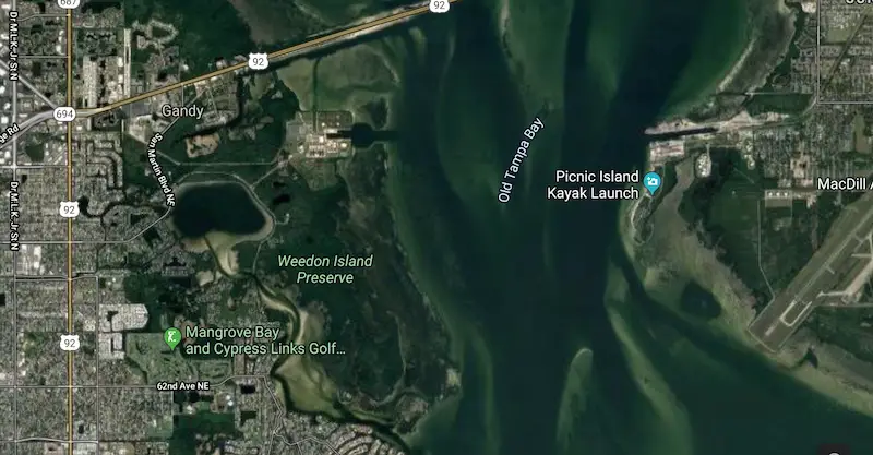 Map showing fishing area of Weedon Island Preserve in Tampa Bay and St. Petersburg area.