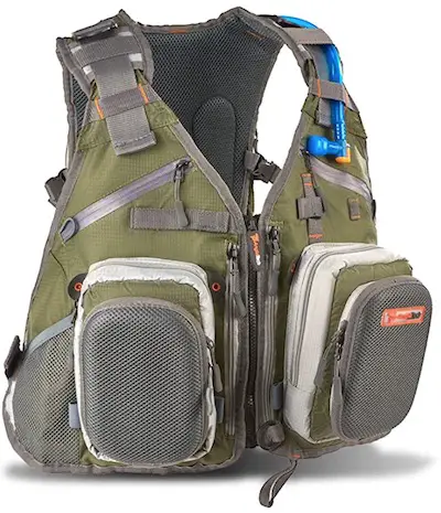 Multi-pocketed Fishing Vest with water bladder for hydration.