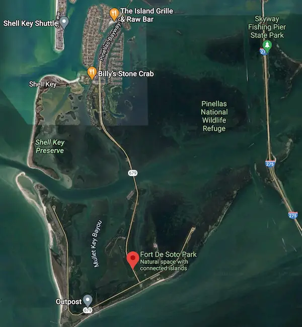 Aerial view of Fort De Soto Park in south St. Petersburg – an excellent kayak fishing spot you'll love.