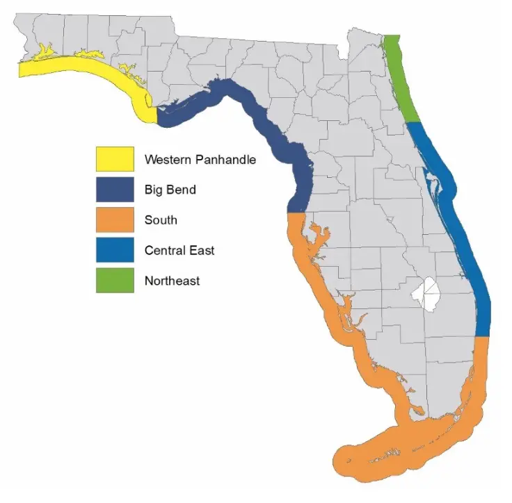 Map of 5 Florida regions governing speckled seatrout fishing and collecting.