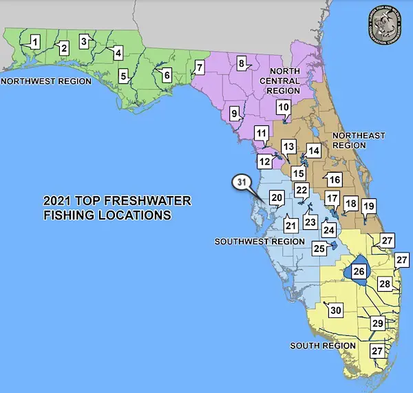 Map locations for some of the best freshwater fishing at lakes, rivers, streams, and canals in the state of Florida.