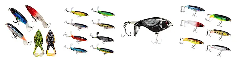 A selection of 20 Whopper Plopper lures resembling fish and frogs designed for freshwater and saltwater fishing on topwater.