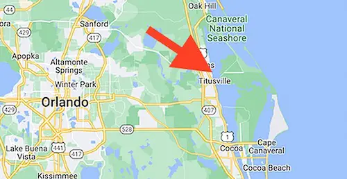 Titusville Veterans Memorial Fishing Pier map showing it east of Orlando, Florida.
