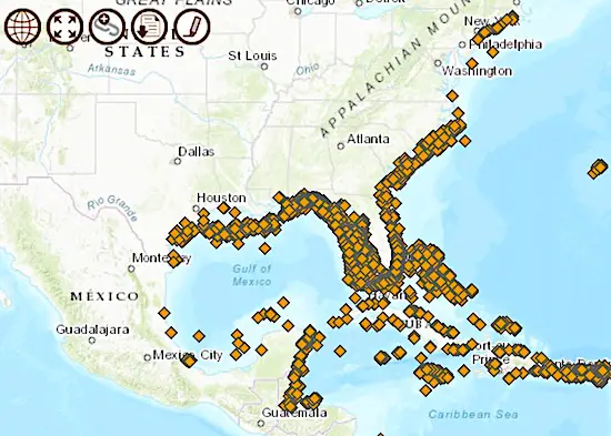 Lionfish distribution range map showing eastern and southern US coasts and surrounding countries.