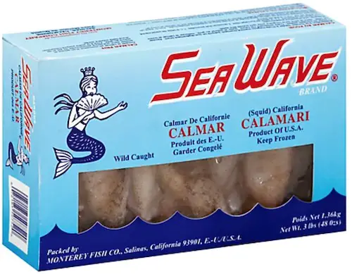 Sea Wave frozen whole raw squid from the Monterey Fish Co. in Salinas, California. Great fishing bait.