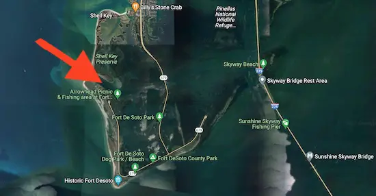 Map of Fort De Soto Park in St. Petersburg, the Arrowhead Picnic and Fishing area.