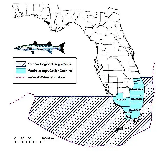 Great Barracuda Florida County regulations and laws map showing areas bag limit in place.